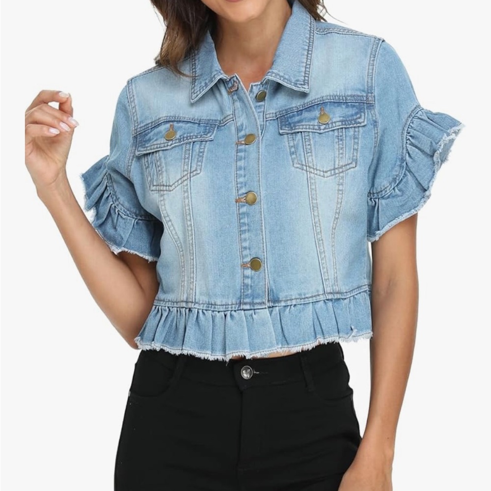 Miss Moly Women’s Denim Jacket Ruffle Sleeve Button Down Distressed Cropped NWOT - Picture 8 of 10